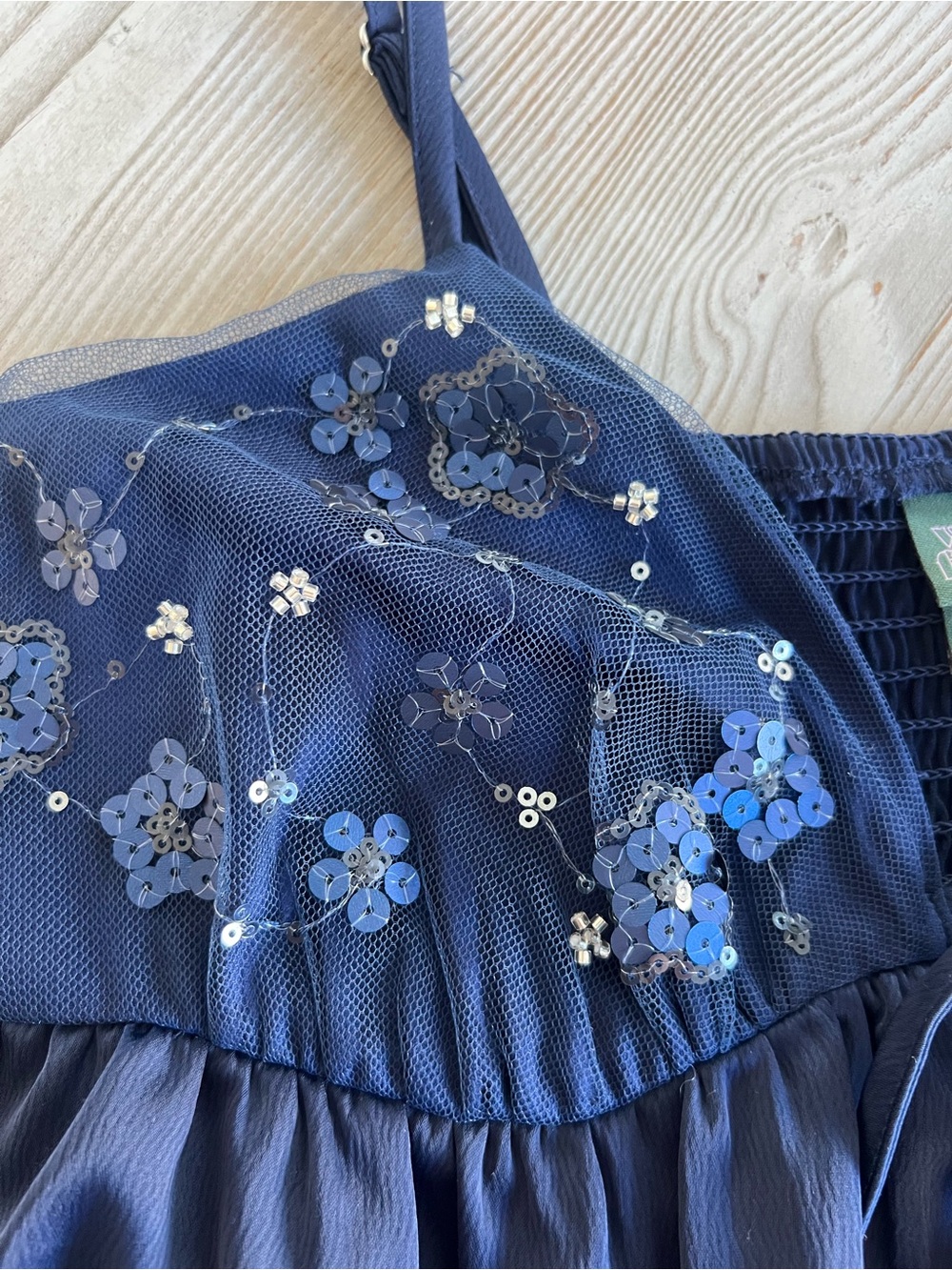 Navy Embroidered Satin Chemise with Adjustable Spaghetti Straps - Picture 9 of 9